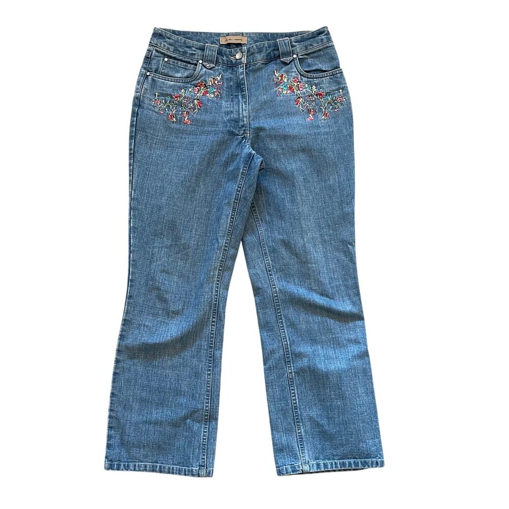 i.e. relaxed Medium Rinse Mid-Rise Cropped Embroidered Jeans, Boho, Size 4